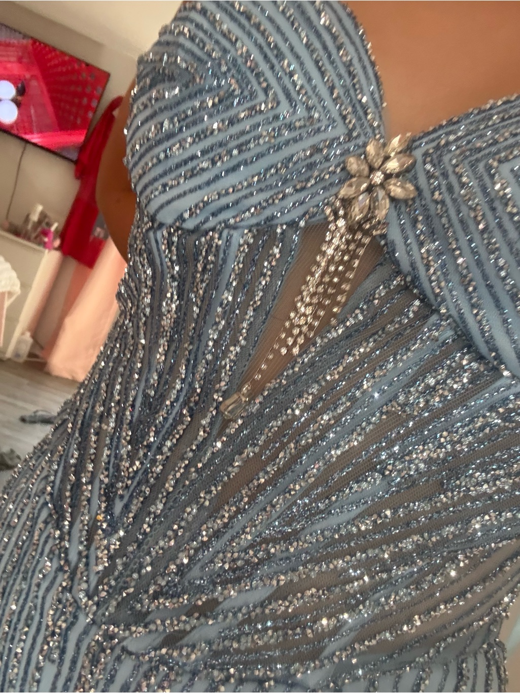 Sparkle Embellished Light Blue Evening Dress With Jewel Accent